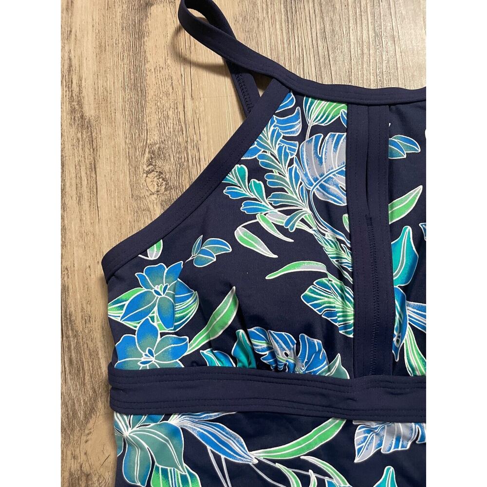 Lands End 2P Petite High Neck Keyhole Tankini Top Navy Tropical Floral Wirefree - Picture 2 of 4